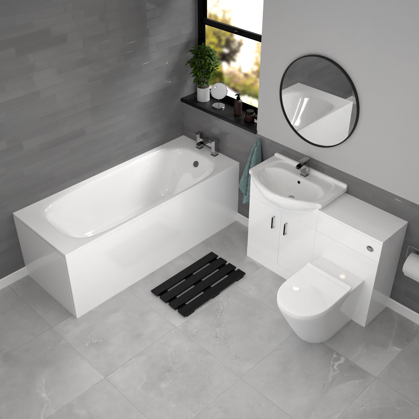 Ellen White Vanity Unit With Basin, WC Unit, Round BTW Toilet & 1700mm Bath
