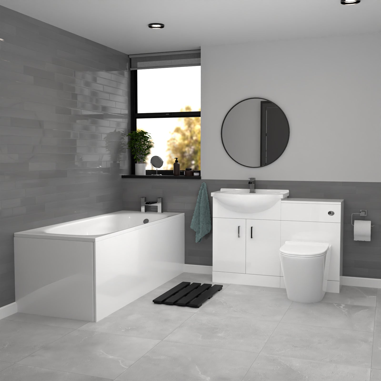 Ellen White Vanity Unit With Basin, WC Unit, Round BTW Toilet & 1700mm Bath