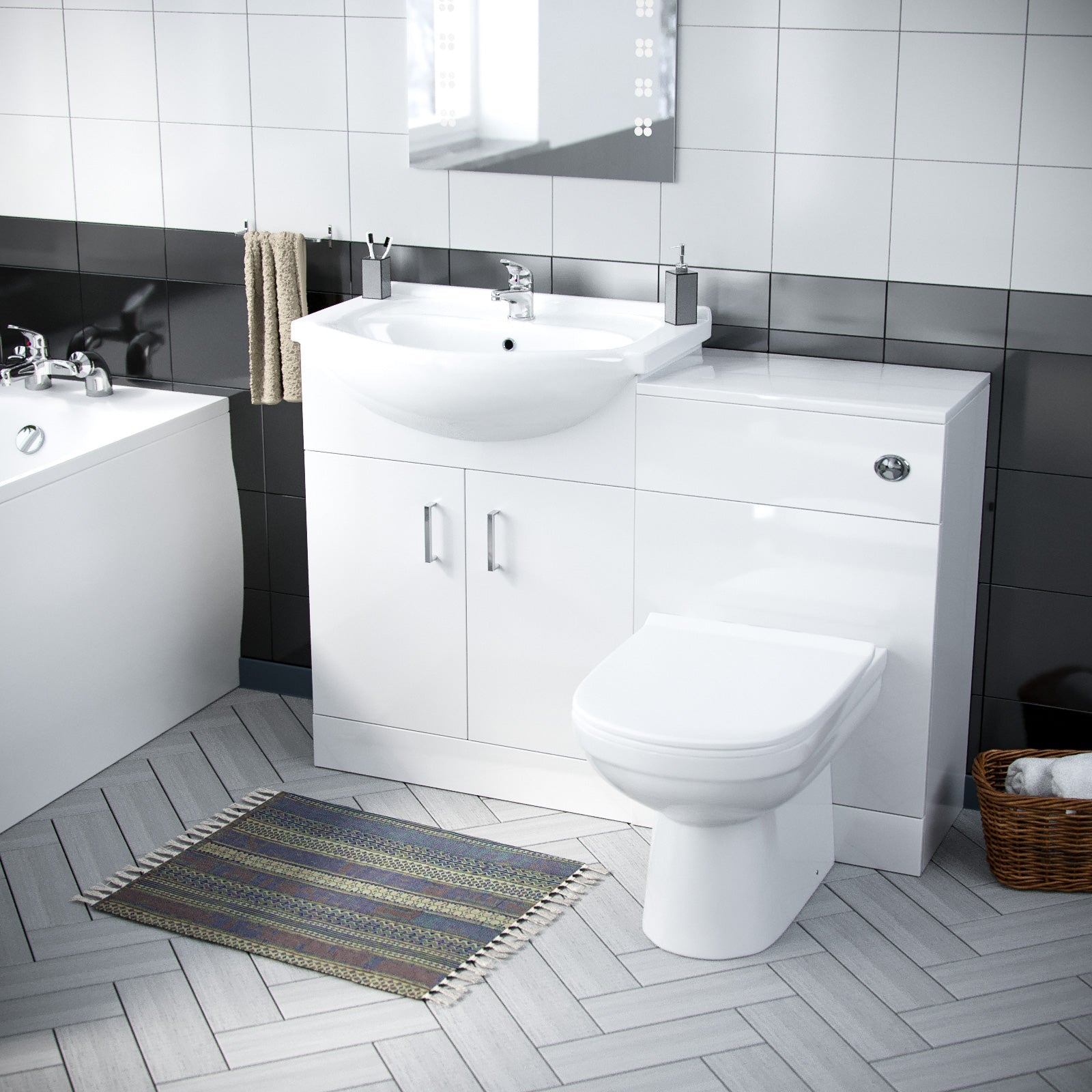 Ellen 1700mm Bath, WC Unit, Back To Wall Toilet & Vanity Basin Unit White