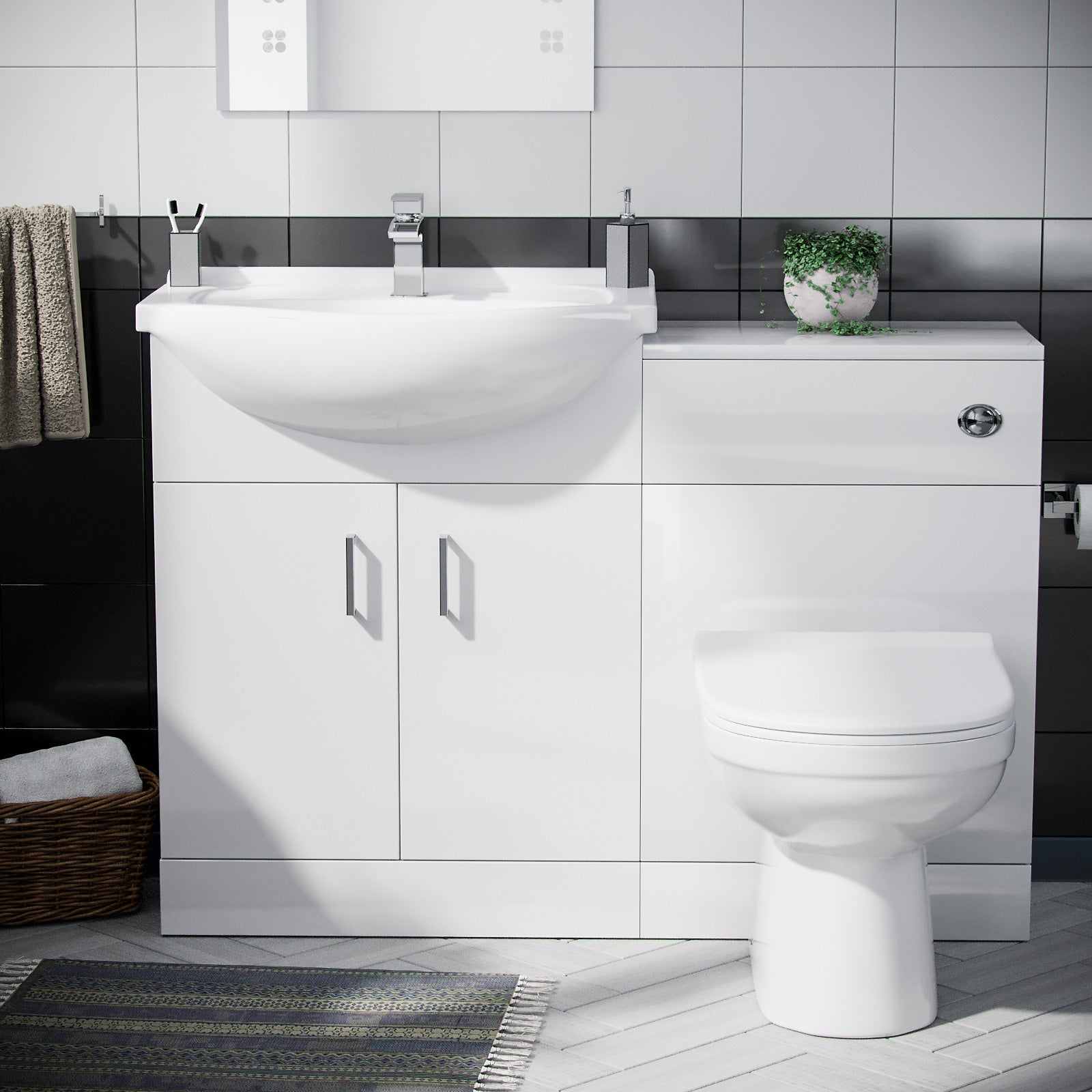 Ellen 650mm Vanity Basin Unit, WC Unit, Cistern & Eslo Back To Wall Toilet White