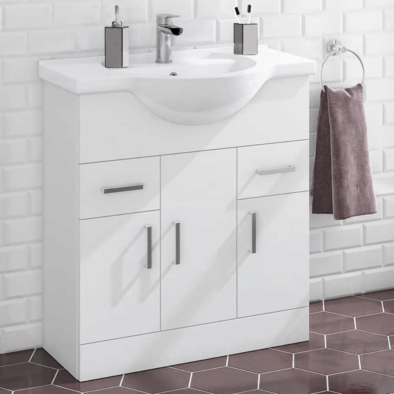 Ellen Bathroom Suite, 750mm Basin Vanity Unit, Close Coupled Toilet and Round Bath Tub