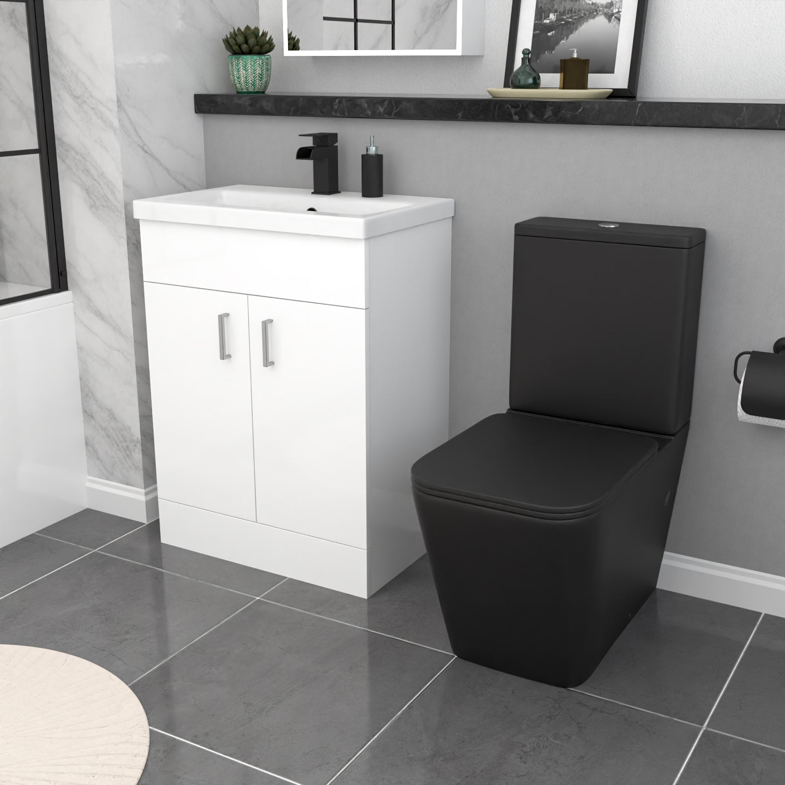 Nanuya Black Square Toilet Vanity Bathroom Suite, Bath & Grid Bath Screen