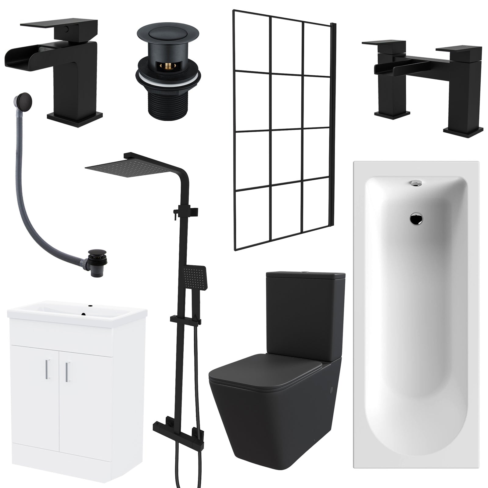 Nanuya Black Square Toilet Vanity Bathroom Suite, Bath & Grid Bath Screen