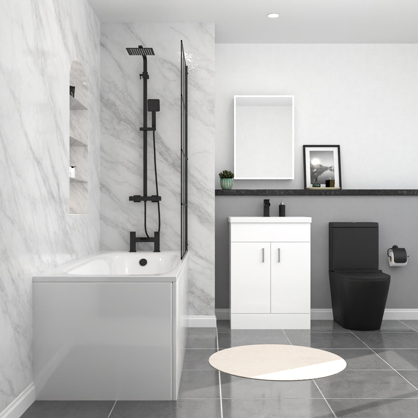 Nanuya Black Toilet Vanity Bathroom Suite with Bath & Black Grid Bath Screen