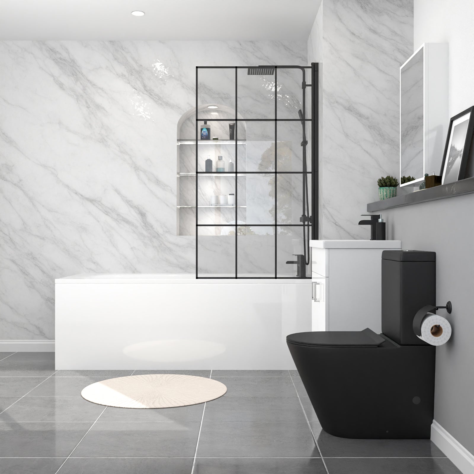 Nanuya Black Toilet Vanity Bathroom Suite with Bath & Black Grid Bath Screen