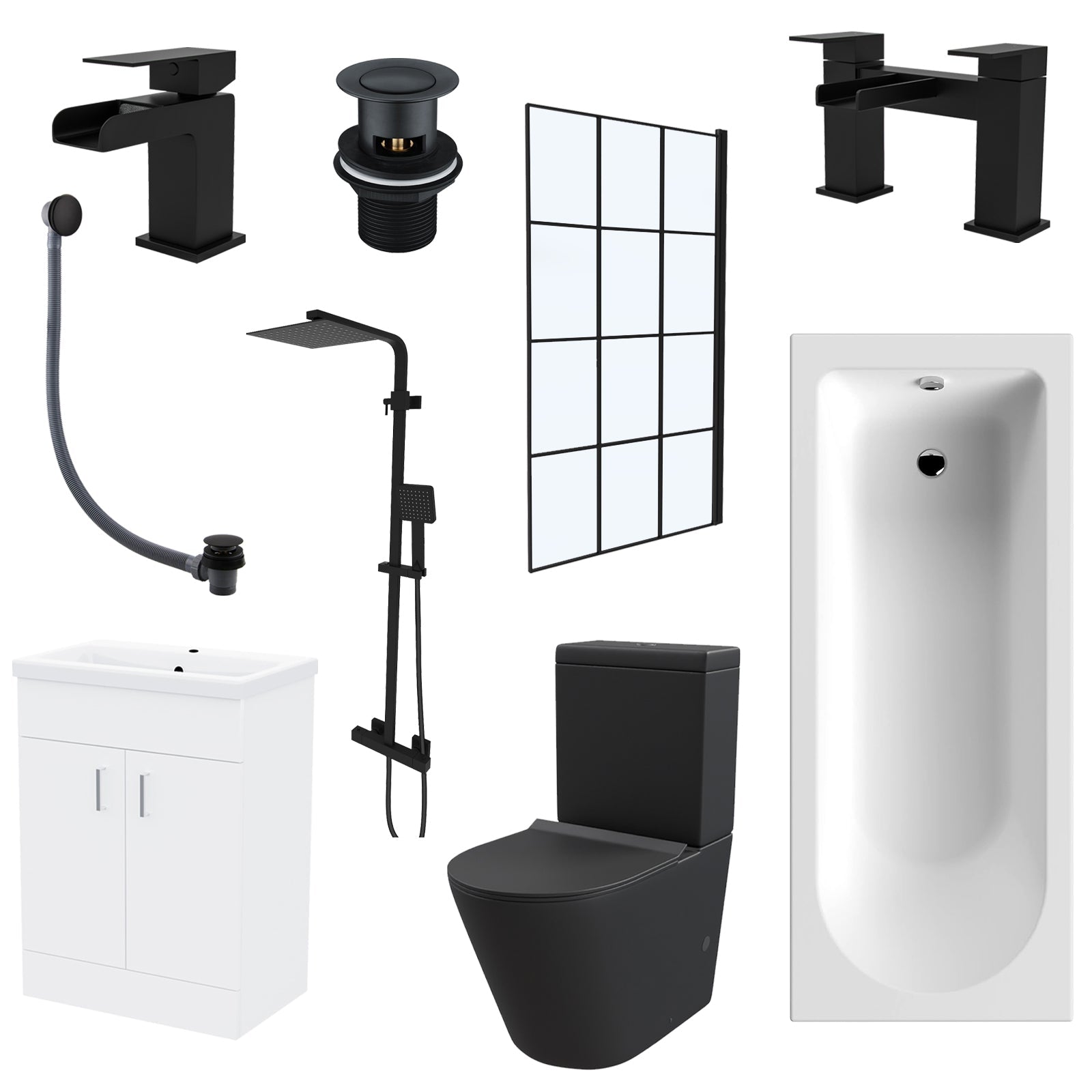 Nanuya Black Toilet Vanity Bathroom Suite with Bath & Black Grid Bath Screen