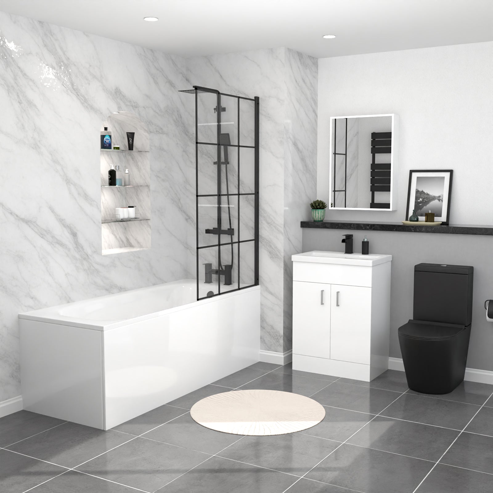 Nanuya Black Toilet Vanity Bathroom Suite with Bath & Black Grid Bath Screen