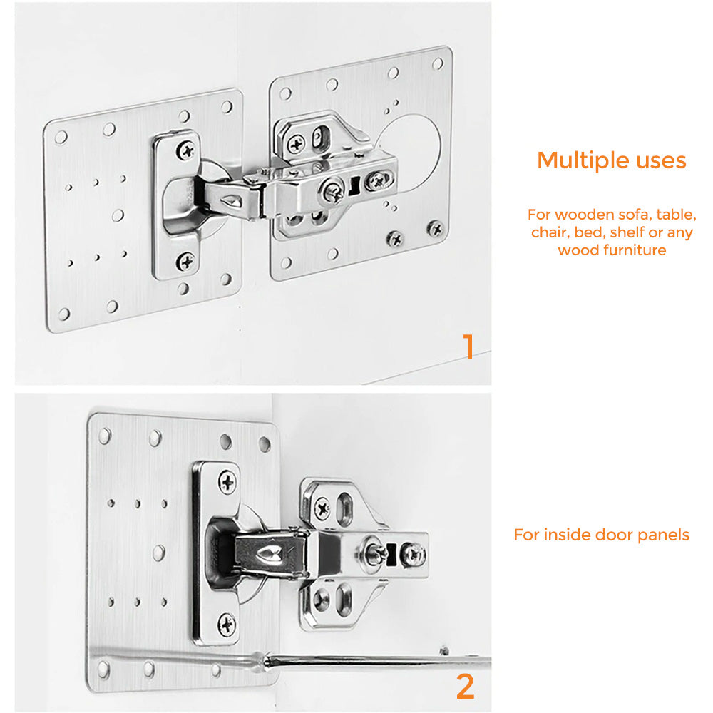 90mm Hinge Repair Plate Rust-Resistant Steel Furniture Cupboard Repair Mount Set, 4 Plates + 24 Screws