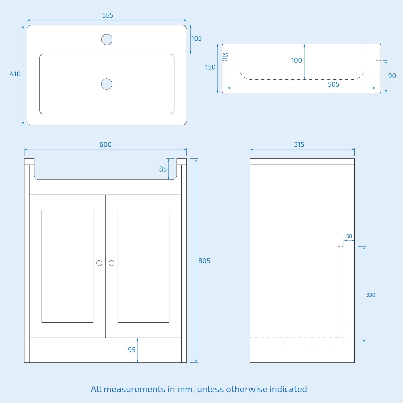 Matte Grey 600mm Traditional Vanity Basin Sink Cabinet & Ceramic Basin