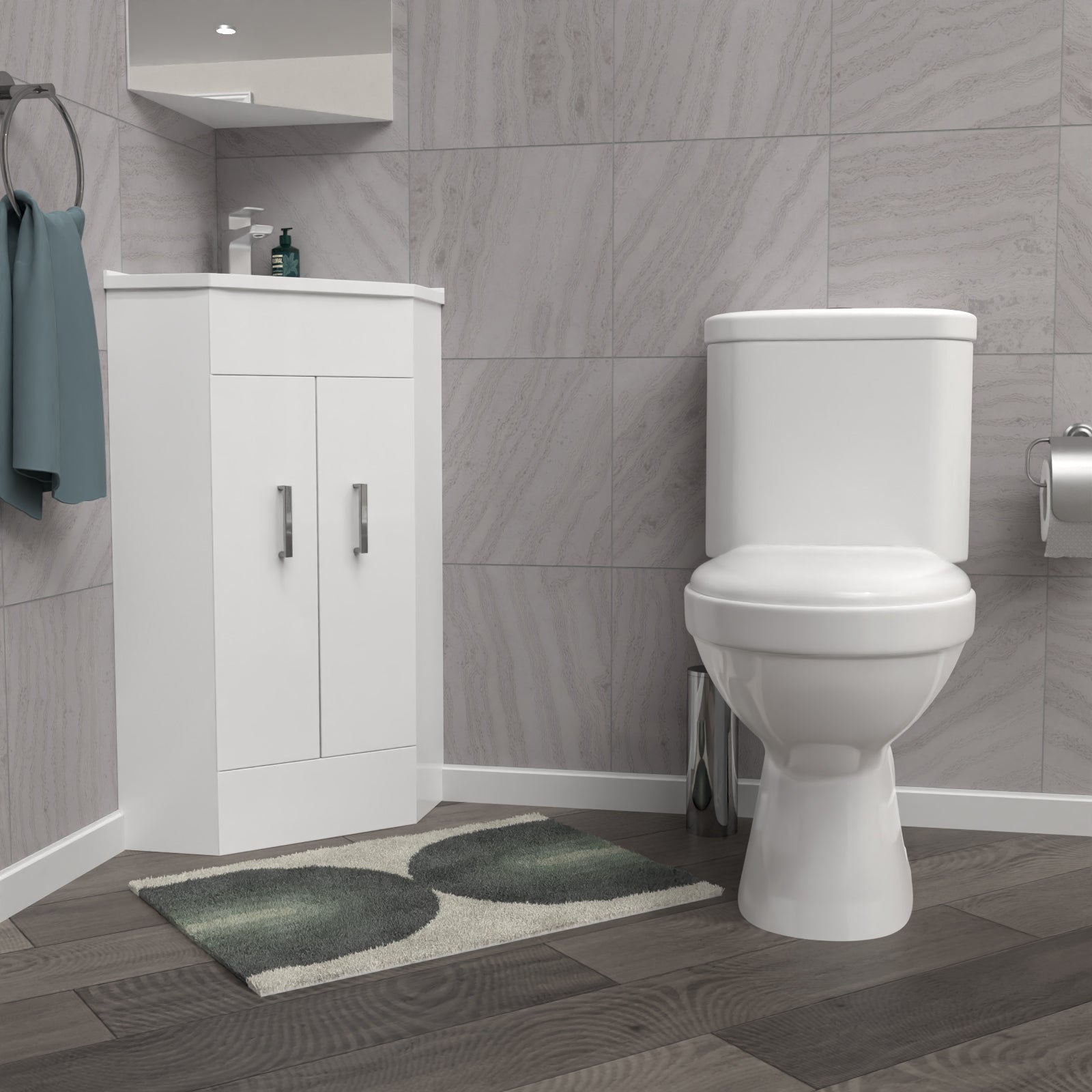 Nanuya White Corner Vanity Unit with Ceramic Basin & Toilet Set
