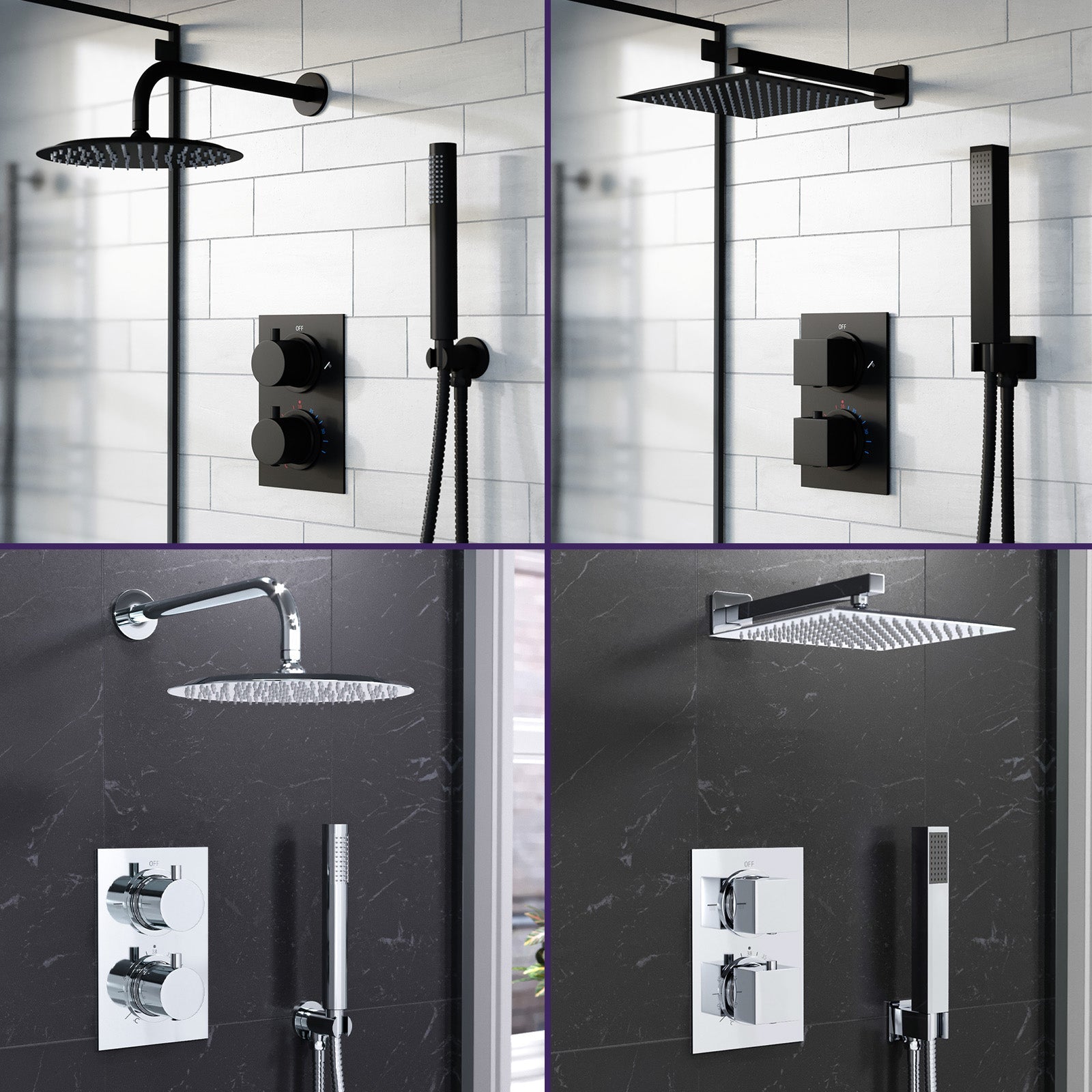 Folke 2 Dial 2 Way Round or Square Concealed Thermostatic Shower Mixer Valve, Shower Head, and Handset Chrome or Black