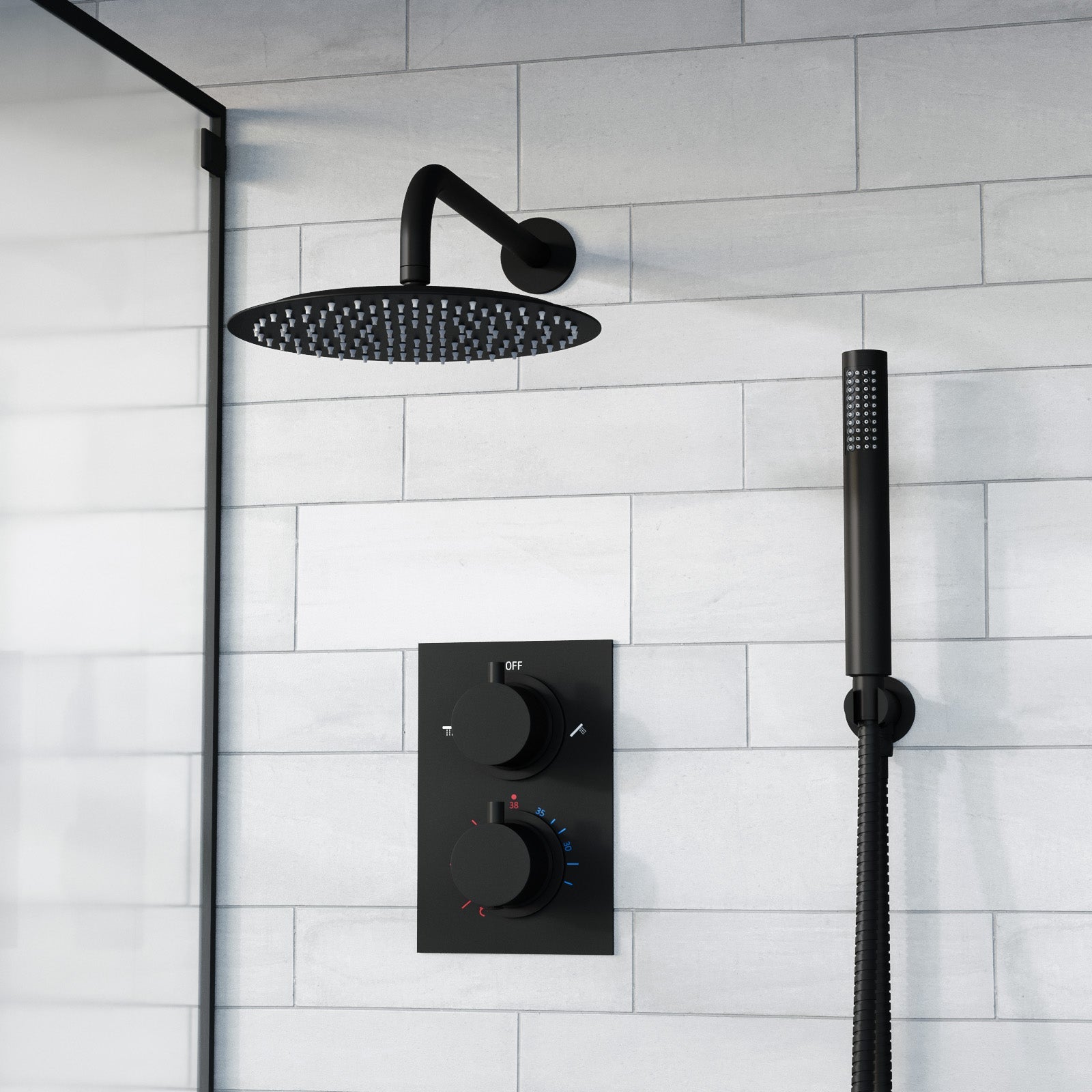 Folke 2 Dial 2 Way Round Concealed Thermostatic Shower Mixer Valve, Shower Head, and Handset Matte Black
