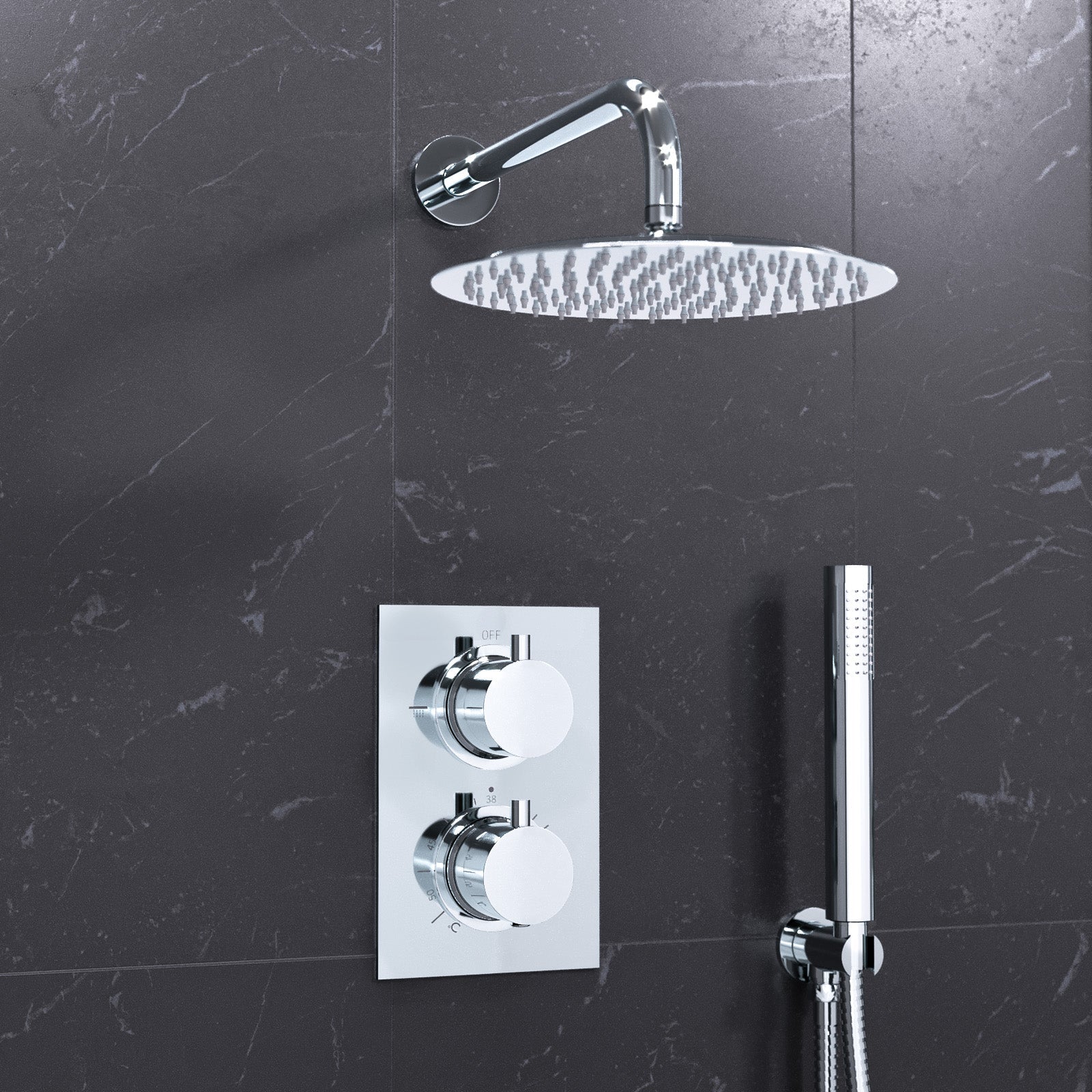 Folke 2 Dial 2 Way Round Concealed Thermostatic Shower Mixer Valve, Shower Head, and Handset Chrome