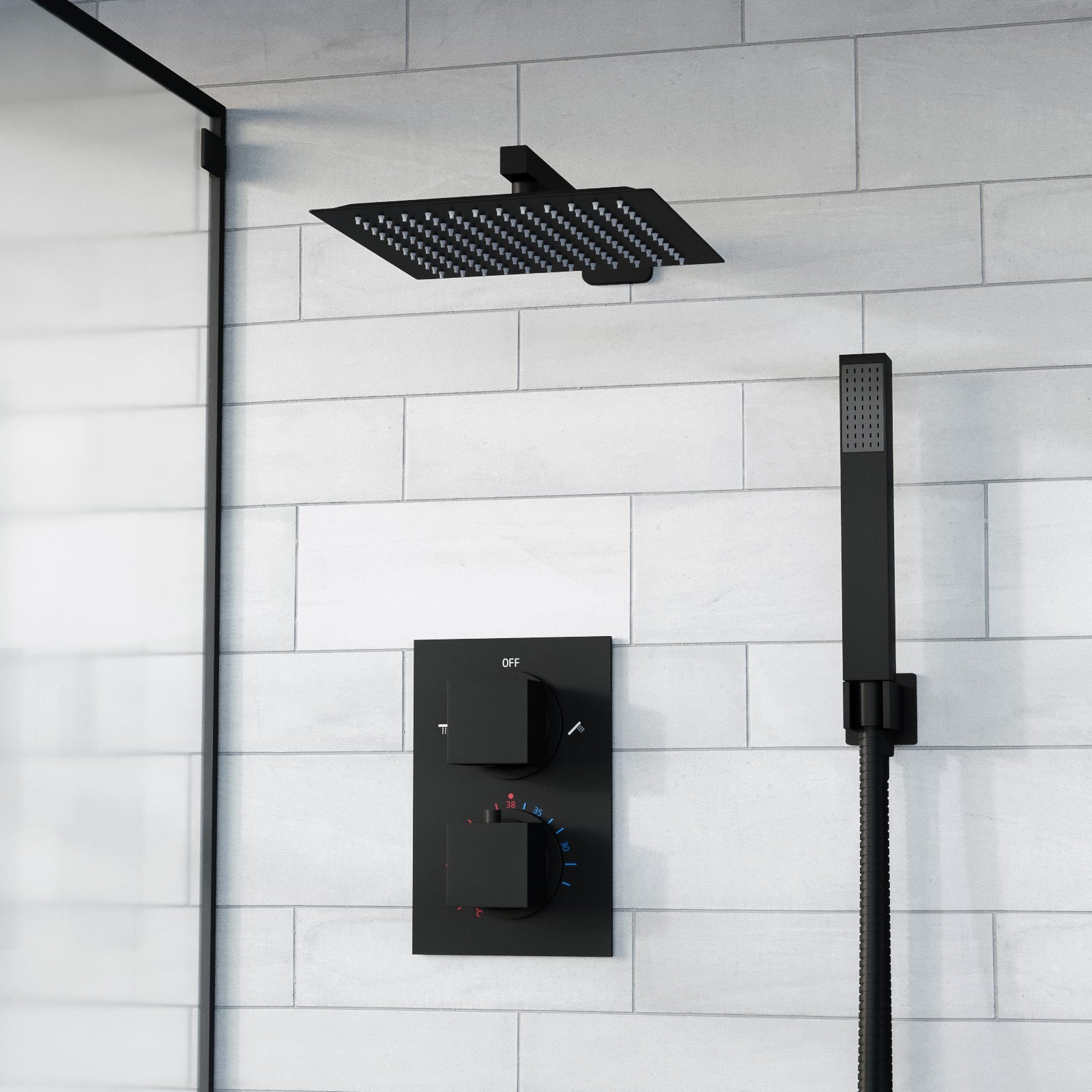 2 Dial 2 Way Square Concealed Thermostatic Shower Mixer,Head,Handset set Matt Black