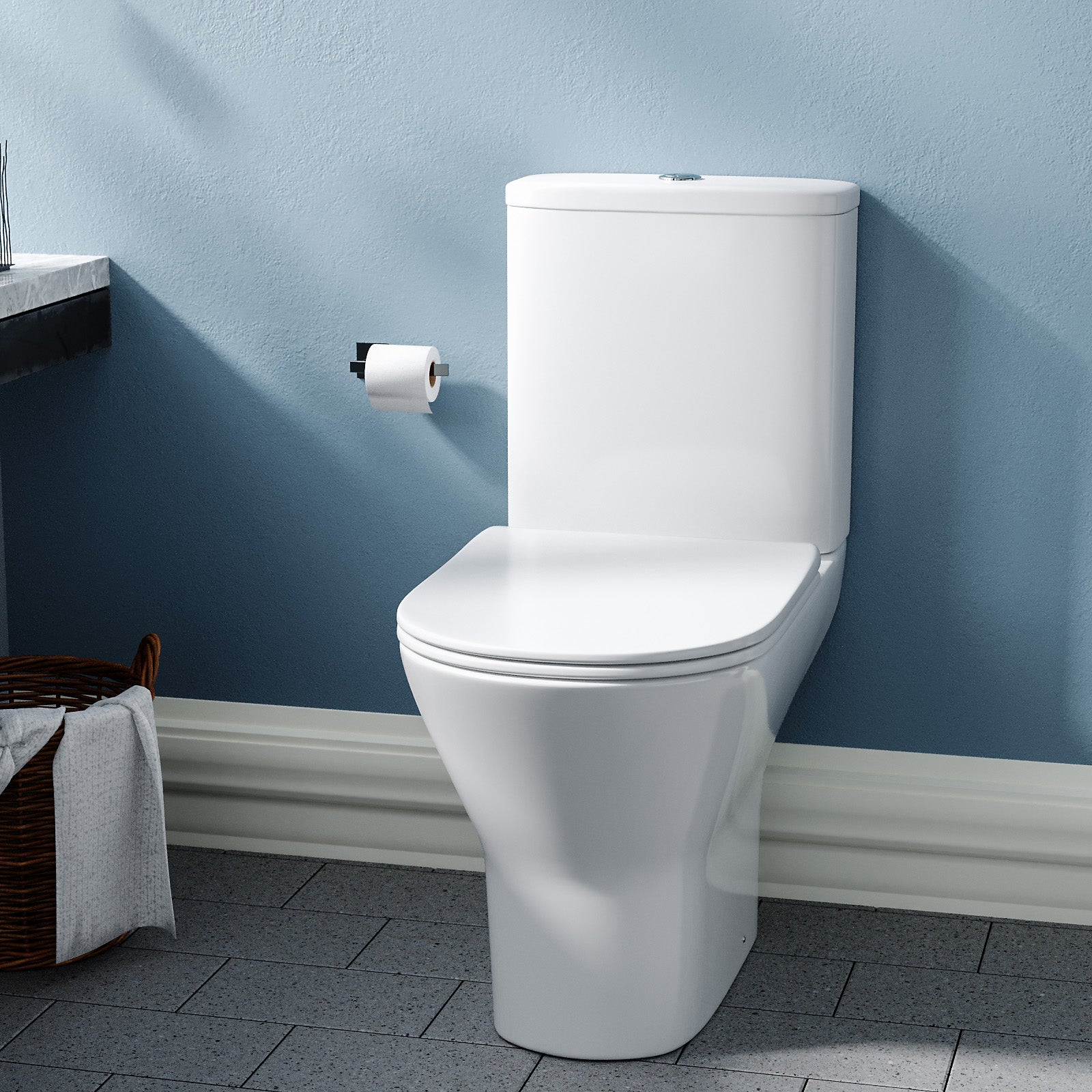 Theo Contemporary Round Rimless Close Coupled Toilet With Soft Close Seat