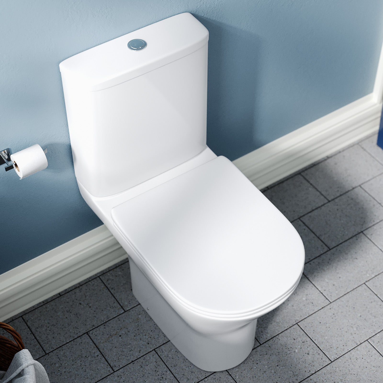 Theo Contemporary Round Rimless Close Coupled Toilet With Soft Close Seat