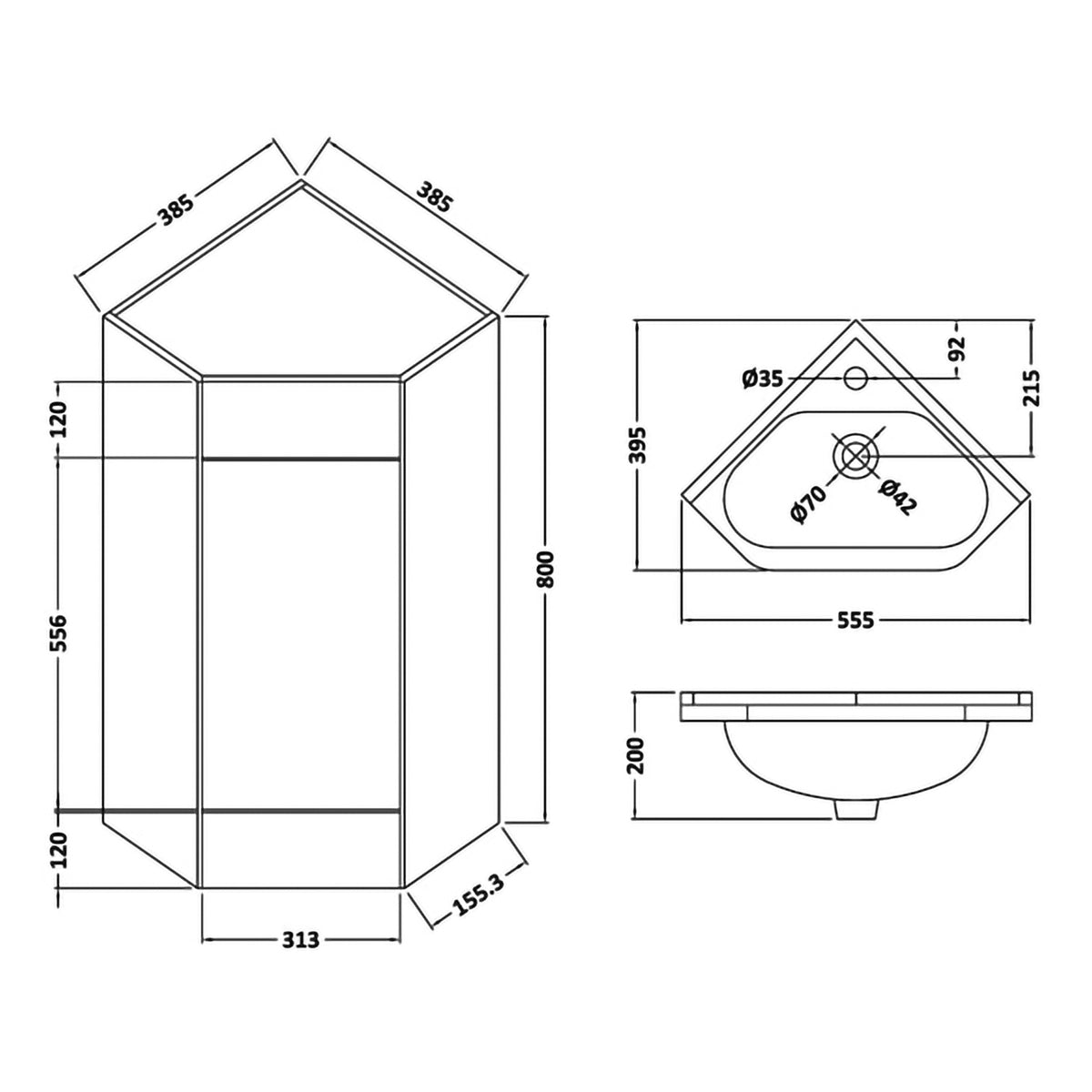 555mm 1 Door Corner Vanity Cabinet