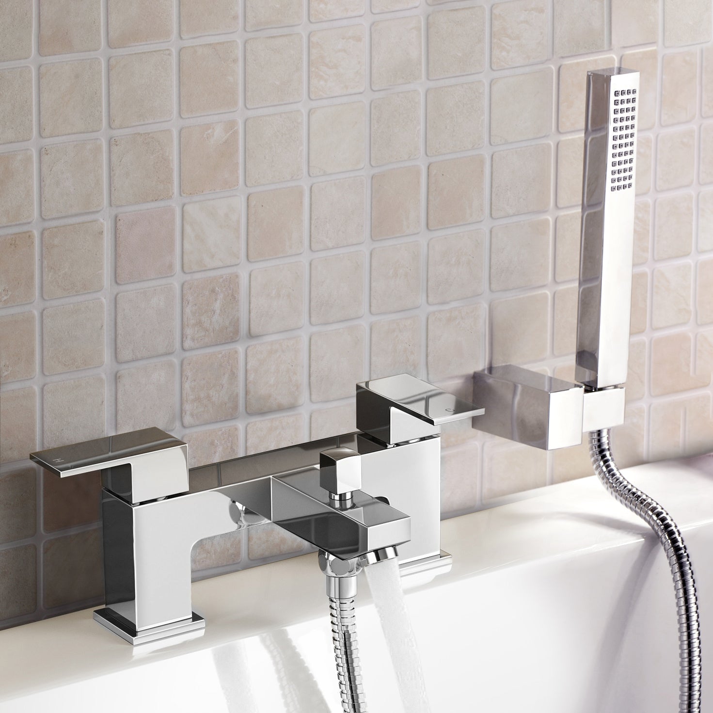 Modern Square Bridge Deck Mounted Bath Filler Tap With Shower Kit