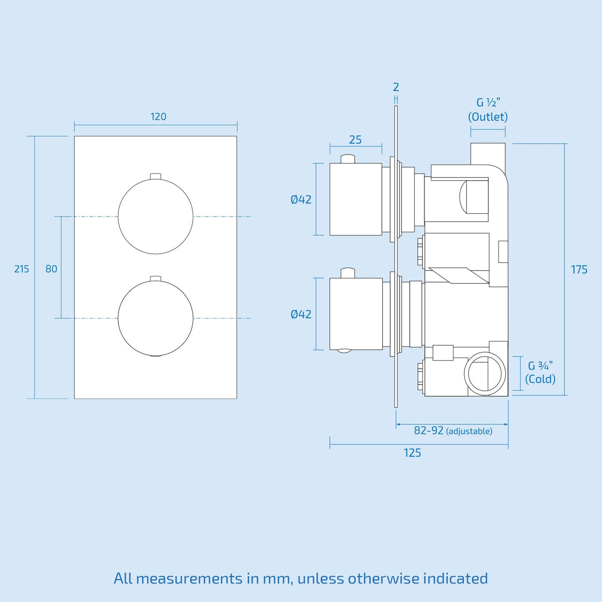 Lily 2 Dial 1 Way Round Concealed Thermostatic Mixer Valve & LED 200mm Round Shower Head Chrome