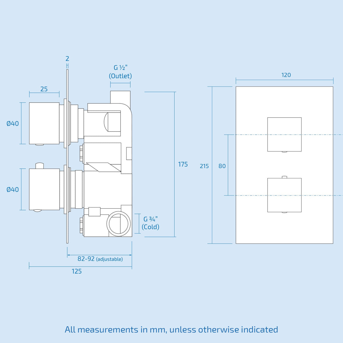 Lily 2 Dial 1 Way Square Concealed Thermostatic Mixer Valve & Square Handset Chrome