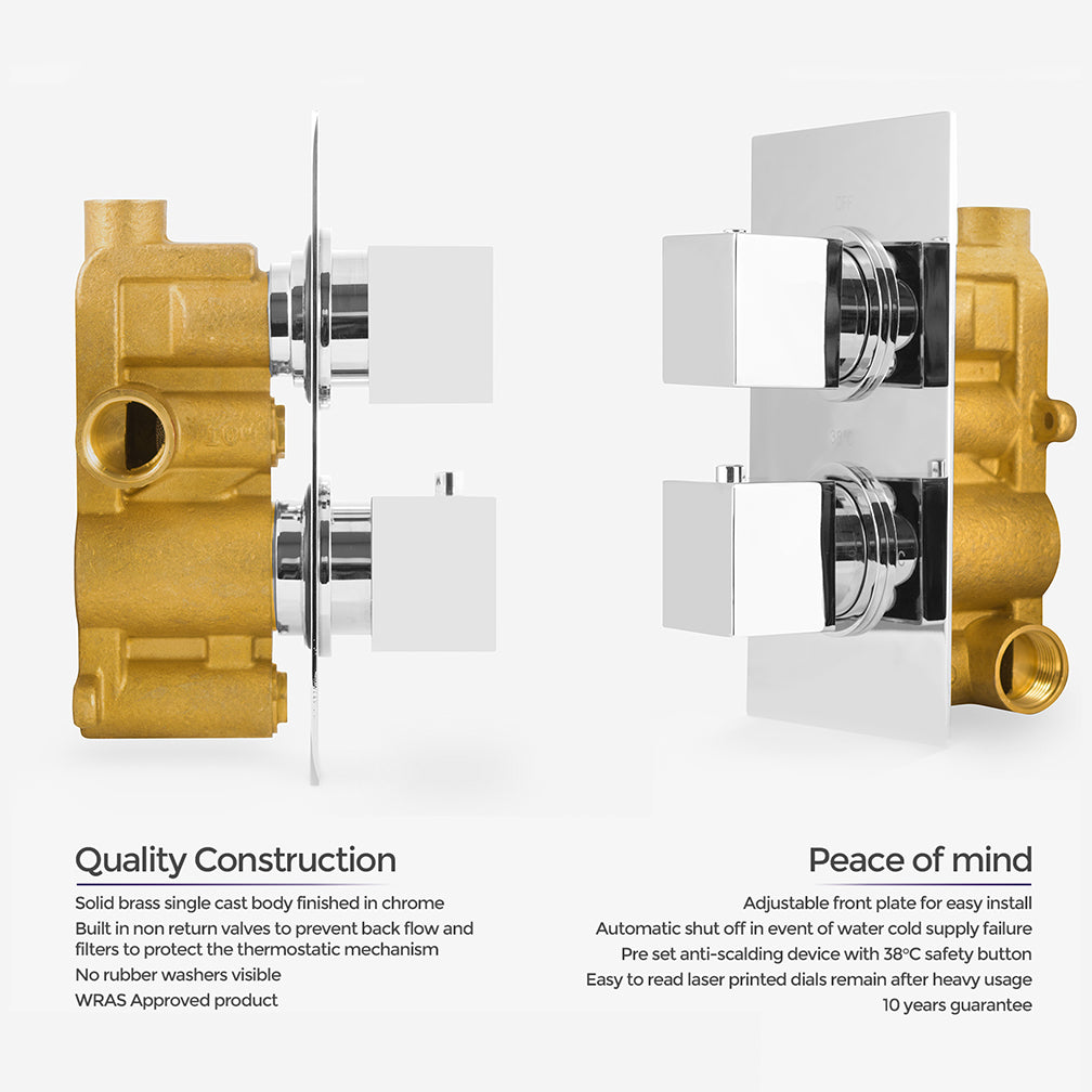 Square Thermostatic Concealed Mixer 2 Dial 1 Outlet + 300mm Shower Head + Arm