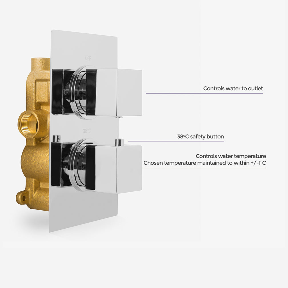 Square Thermostatic Concealed Mixer 2 Dial 1 Outlet + 300mm Shower Head + Arm