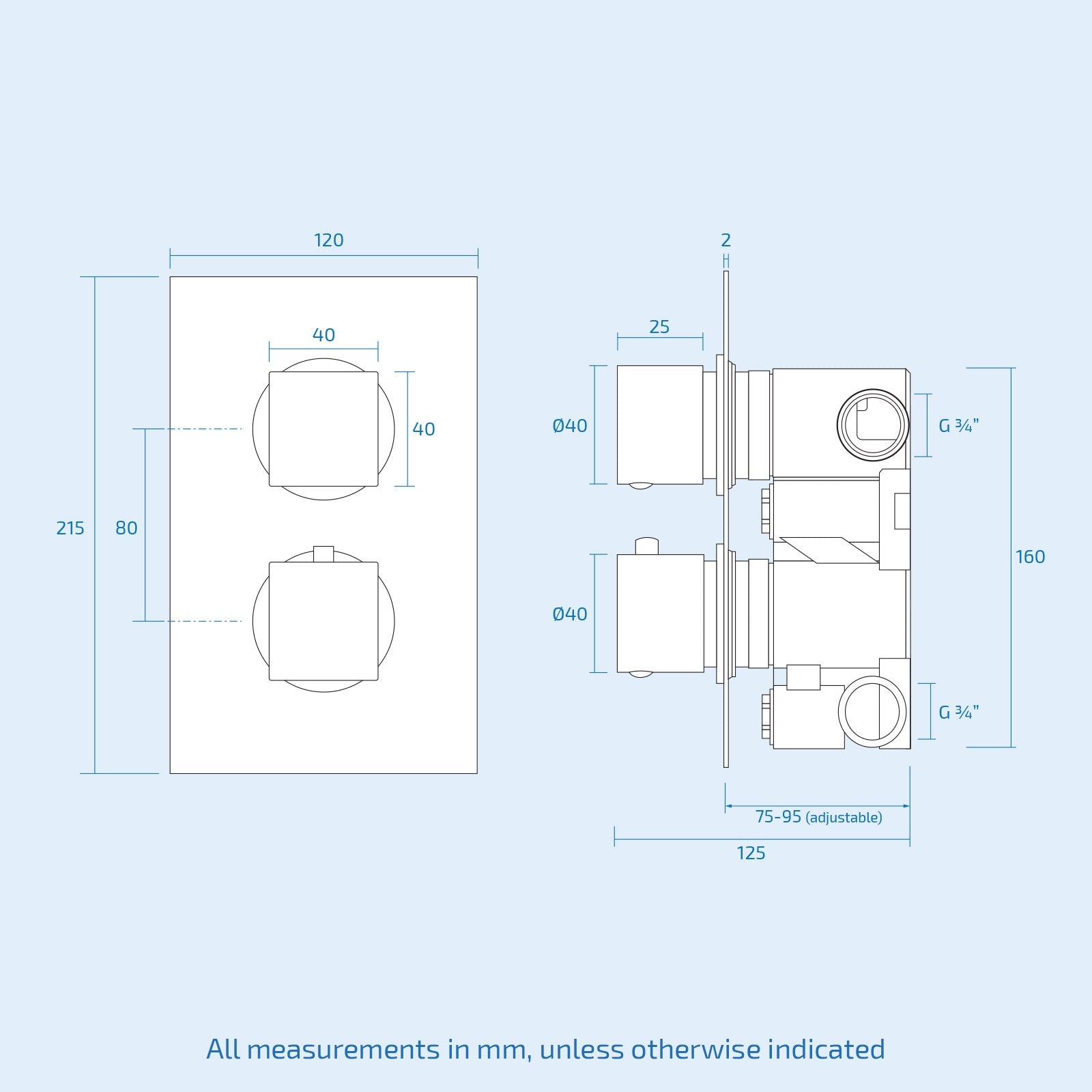 Temel Square 2 Way Concealed Thermostatic Shower Mixer Valve - Black Matt