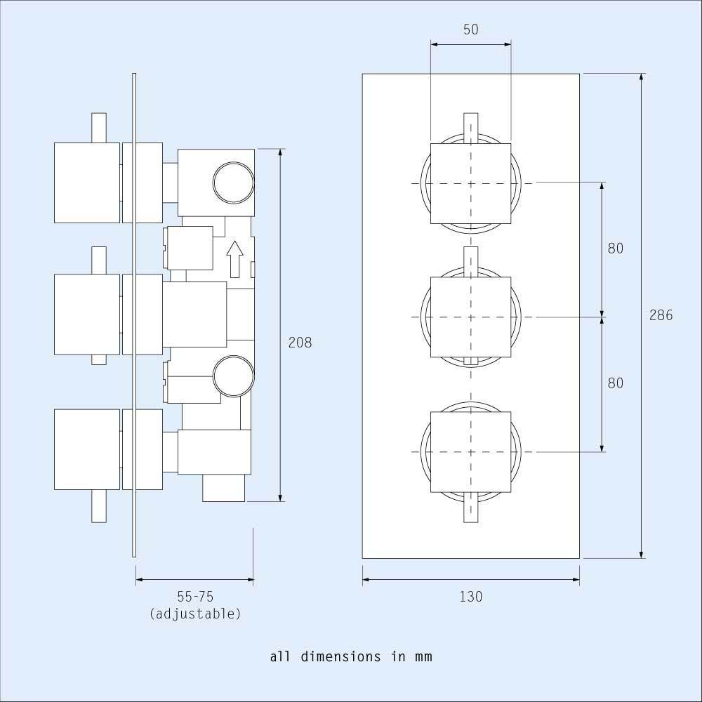 Cameo 3 Dial 2 Way Square Set - Shower Head & Rail Handset