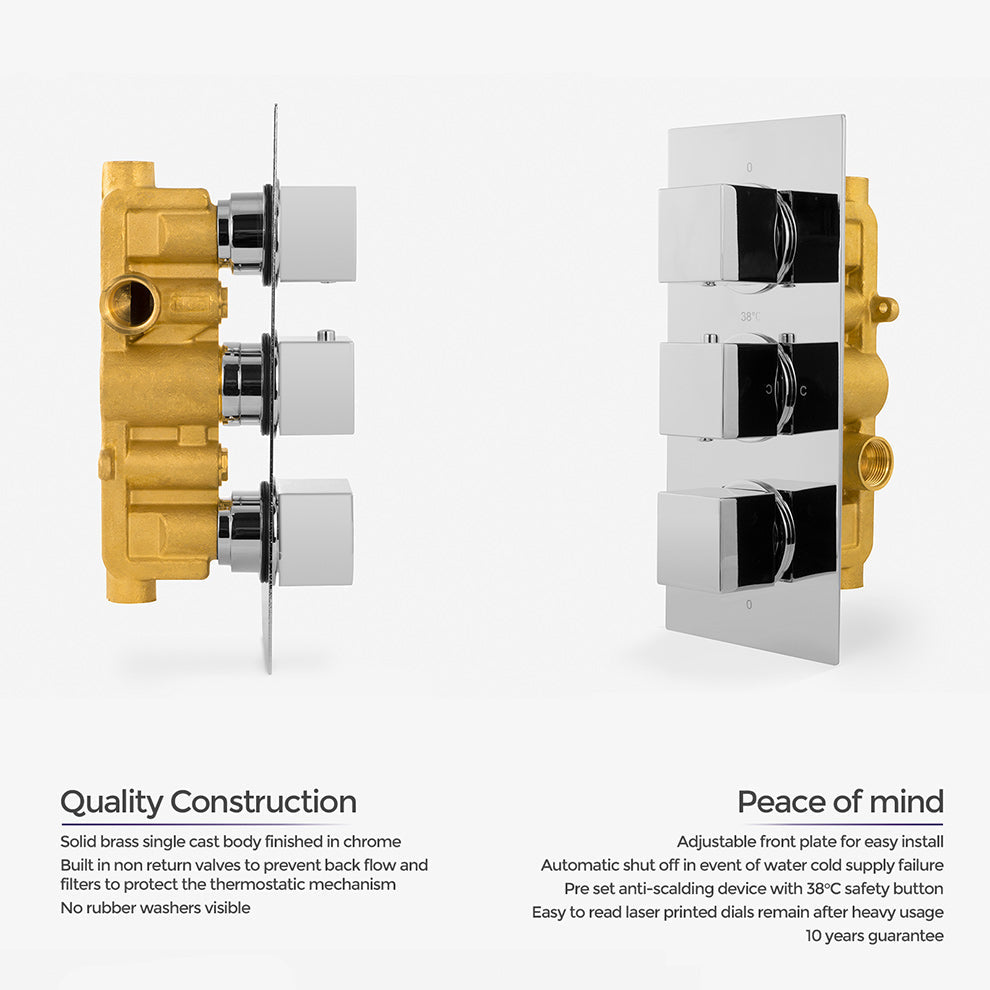 Cameo 3 Dial 2 Way Square Set - Shower Head & Rail Handset