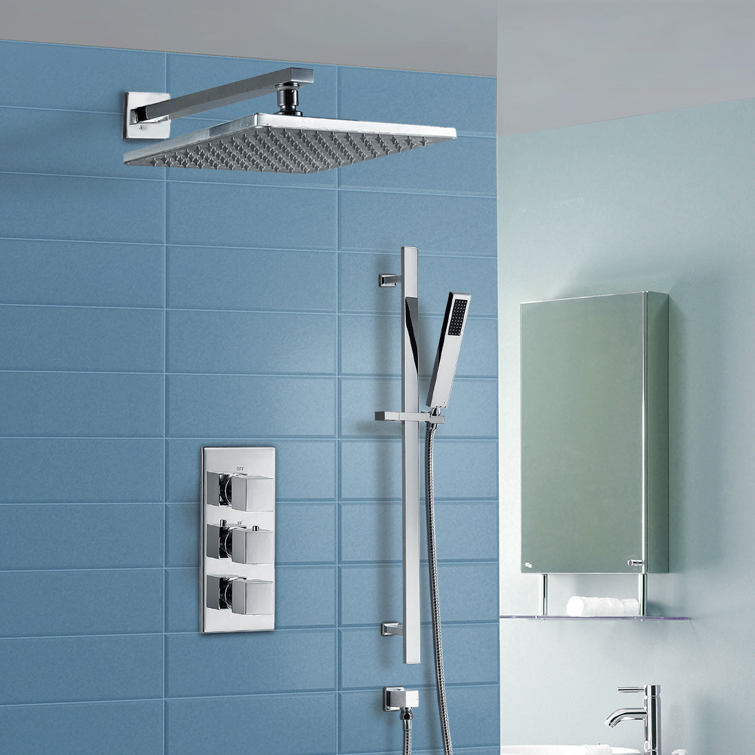 Lilly 3 Dial 2 Way Square Concealed Thermostatic Mixer Valve, Handset & Square Shower Head Chrome