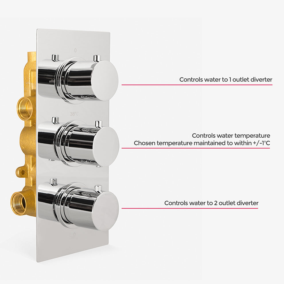 Lilly 3 Dial 3 Way Round Concealed Thermostatic Mixer Valve, Bath Spout, Slim Round Handset & Round Shower Head Chrome