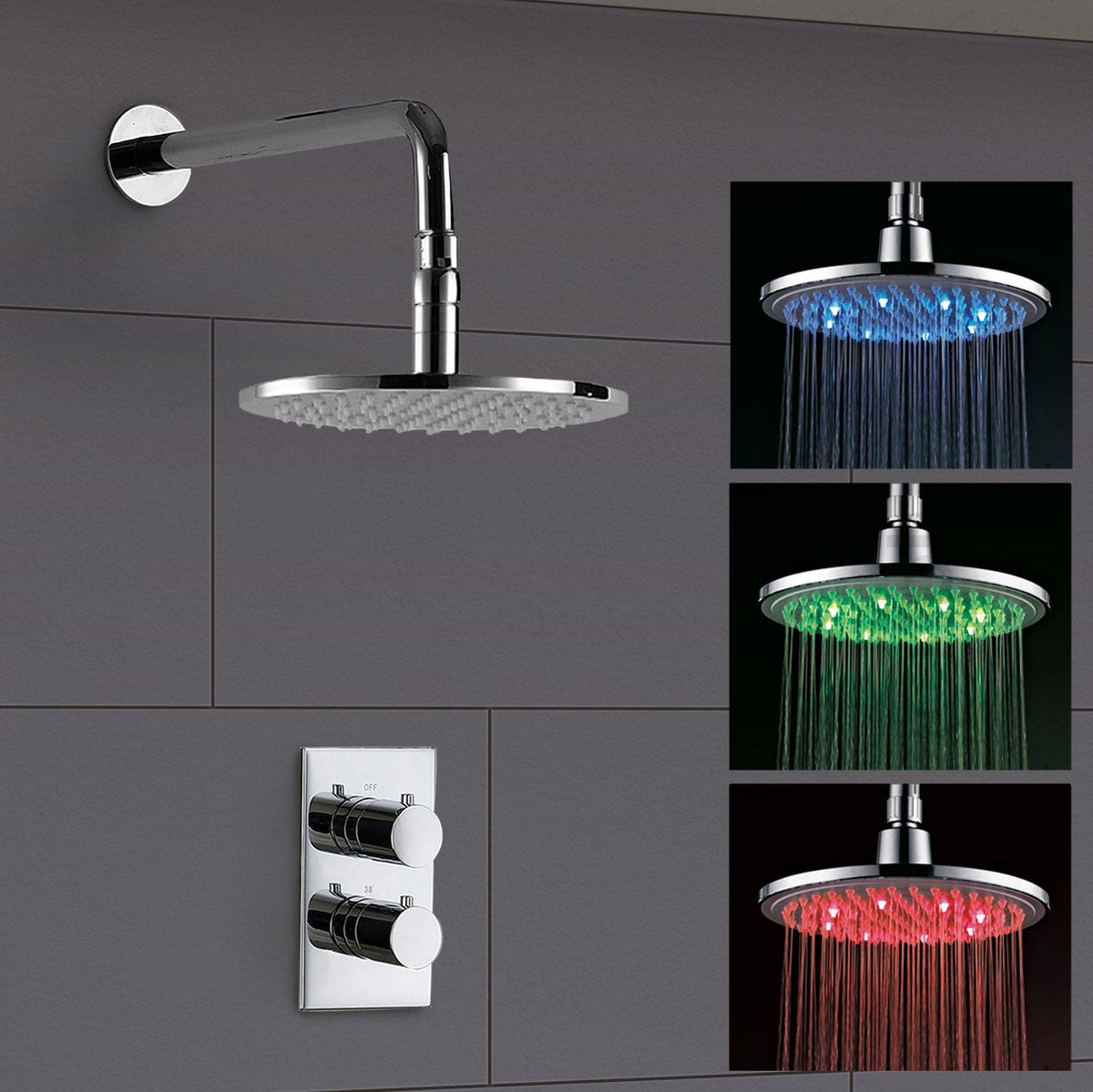 Lily 2 Dial 1 Way Round Concealed Thermostatic Mixer Valve & LED 200mm Round Shower Head Chrome