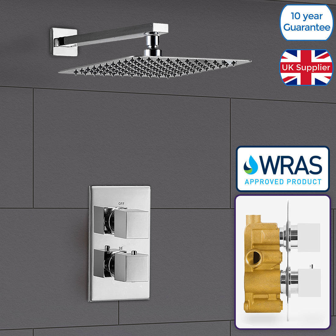 Square 2 Dial 1 Way Concealed Thermostatic Shower Mixer Valve Head Set