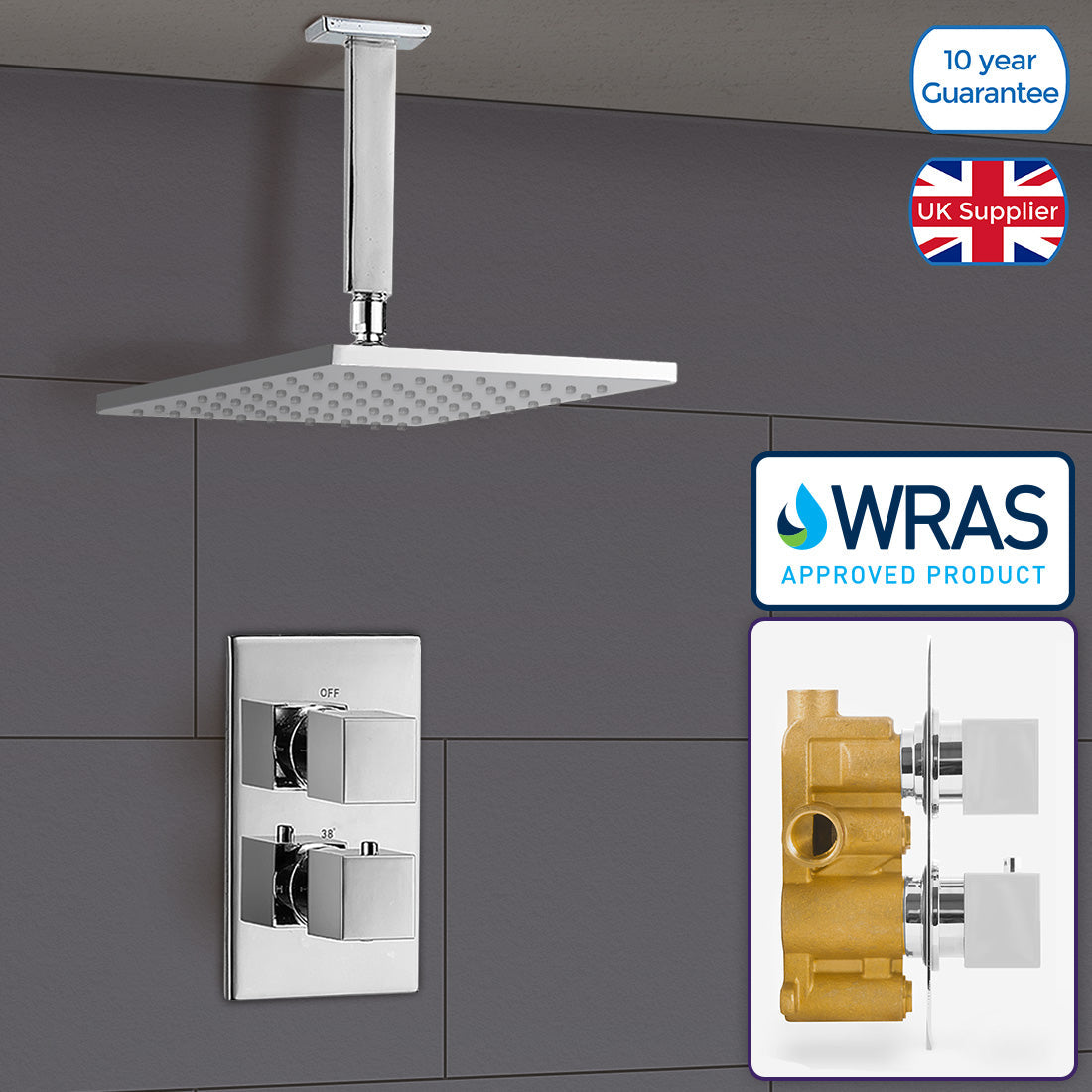 Lotus Bathroom Concealed Square Chrome Thermostatic Valve With Shower Head