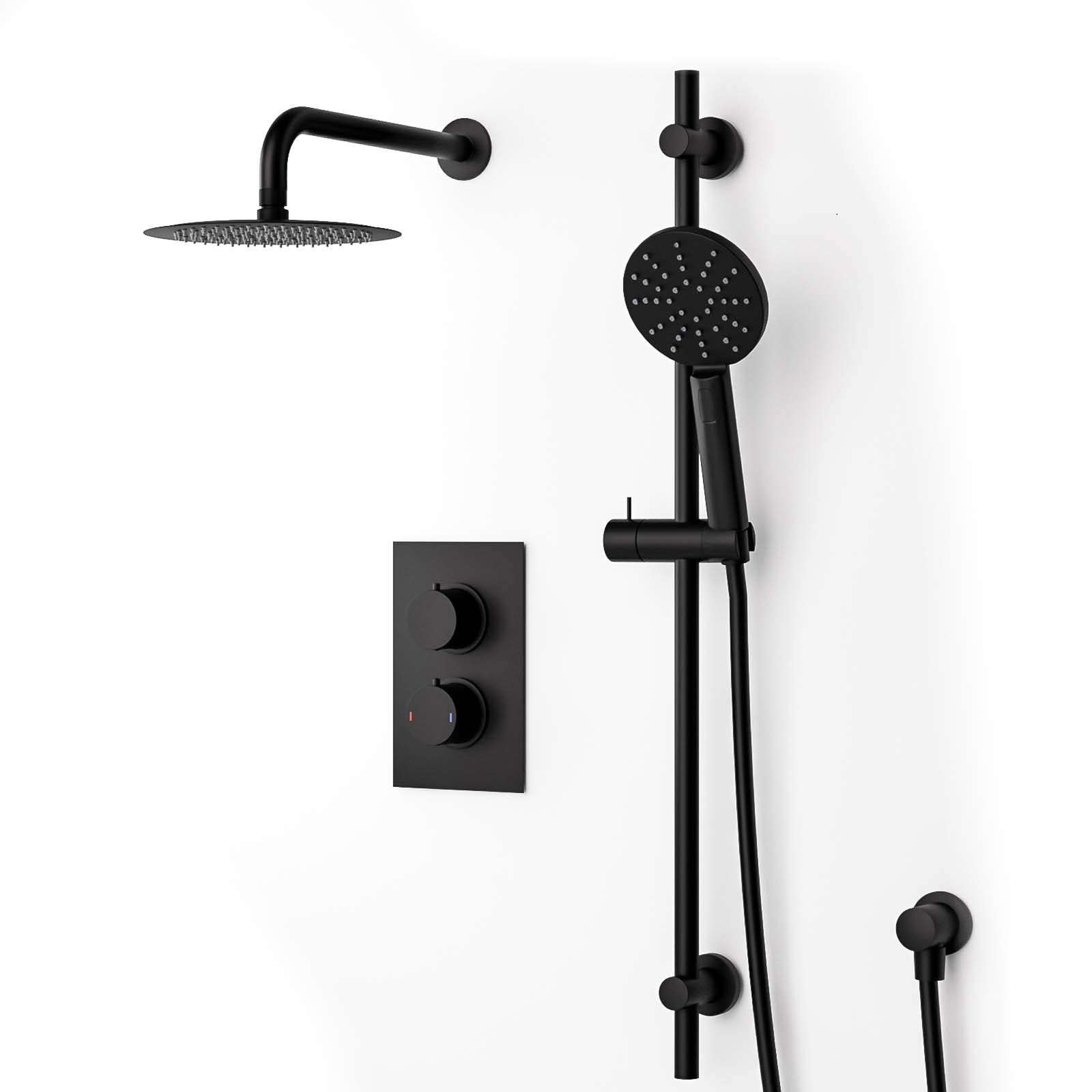 Violet 2 Dial 2 Way Thermostatic Mixer, 200mm Rainfall Shower Head, Slider Rail & Handset Matte Black