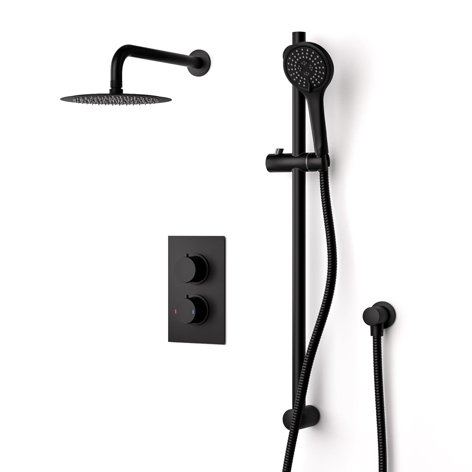 Temel Matt Black Rainfall Shower Head and Thermostatic Mixer Valve with Hand Held Set