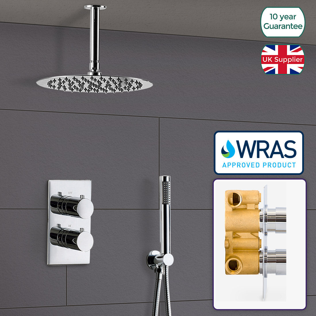 Teslie Round Concealed Thermostatic Shower Mixer Set - Ultra Slim Shower Head 200mm & Handset
