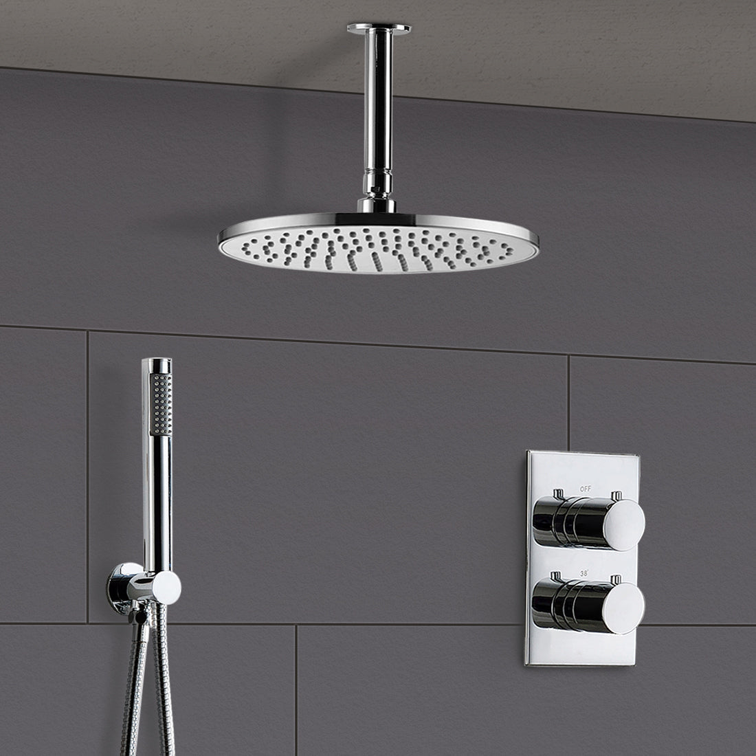 Lily Round Thermostatic Concealed Mixer Brass Valve 2 Dial 2 Outlet + 200mm Shower Head & Arm + Shower Handset & Bracket & Hose