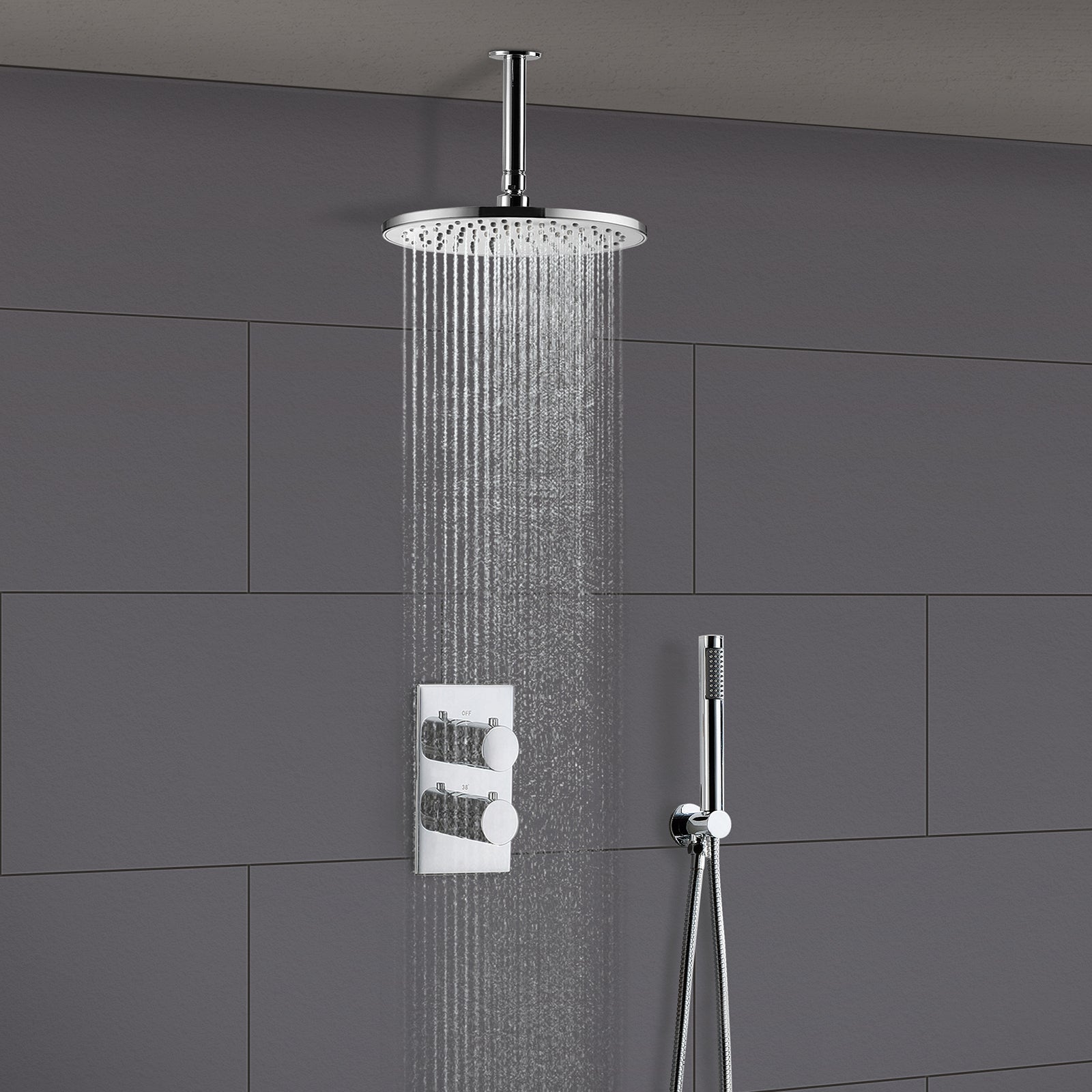 Lily Round Thermostatic Concealed Mixer Brass Valve 2 Dial 2 Outlet + 200mm Shower Head & Arm + Shower Handset & Bracket & Hose
