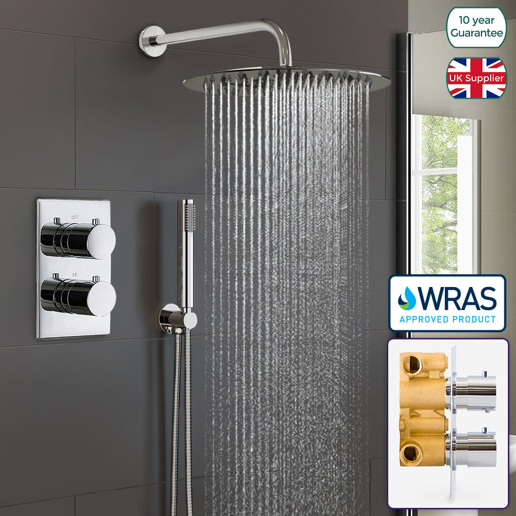 Teslie Round Concealed Thermostatic Shower Mixer Set - Ultra Slim Shower Head 300mm & Handset