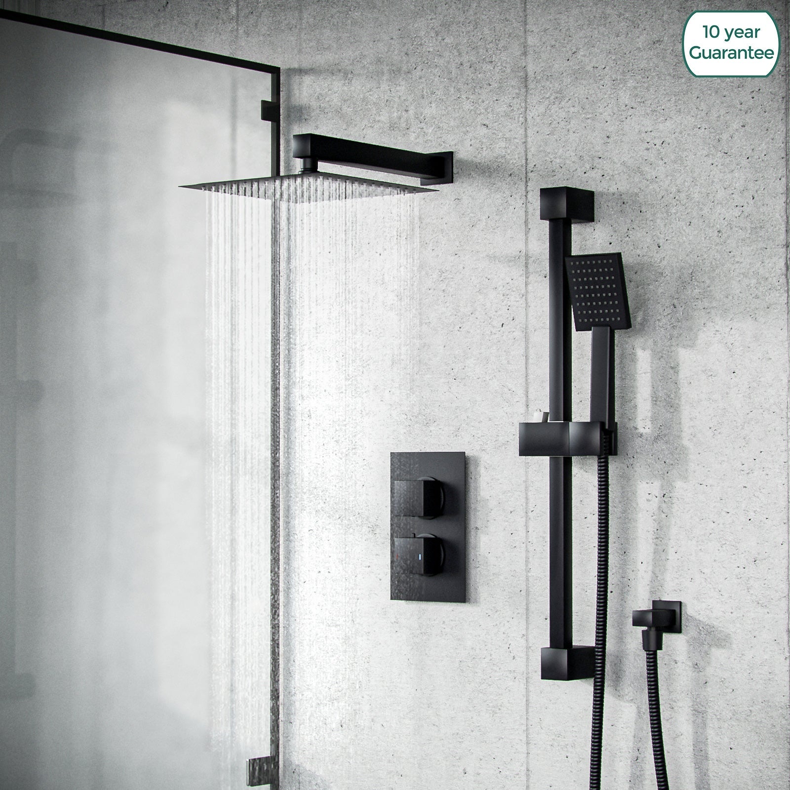 Temel Matt Black Rainfall Shower Head with Hand Held and Thermostatic Valve Set