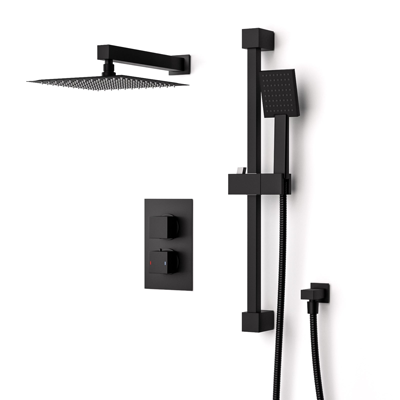 Temel Matt Black Rainfall Shower Head with Hand Held and Thermostatic Valve Set