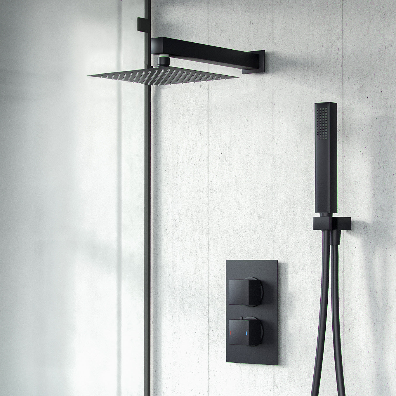 Temel Black Matt Square Rainfall Shower Head with Hand Held Thermostatic Valve