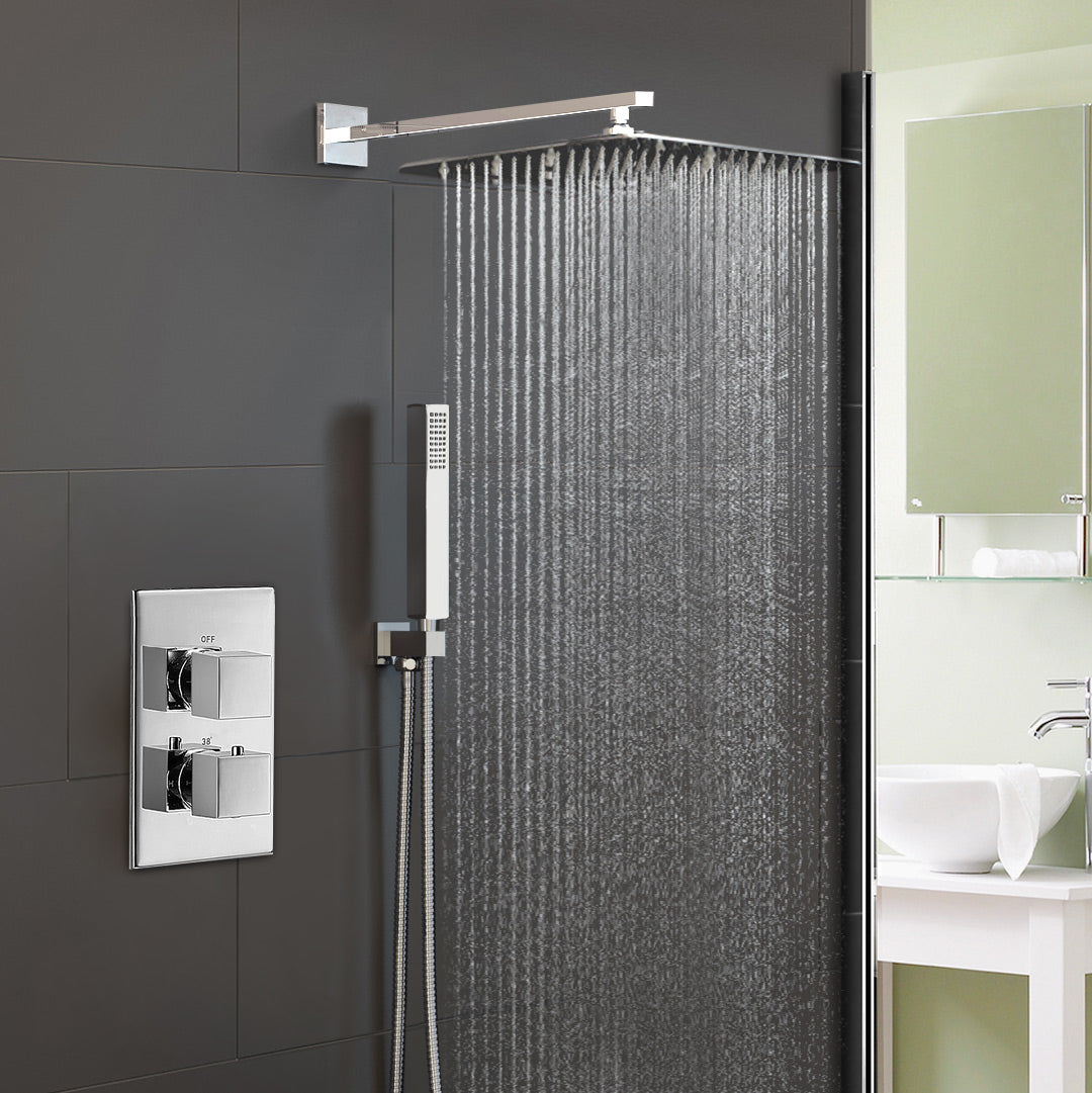 Temel Thermostatic Concealed Shower Mixer Bathroom Square Slim Chrome Head 300mm