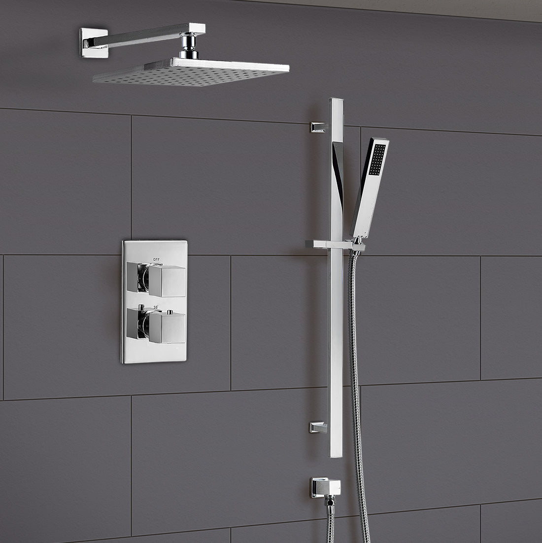 Temel Bathroom Shower Set Chrome Thermostatic Mixer Valve Head Square Design