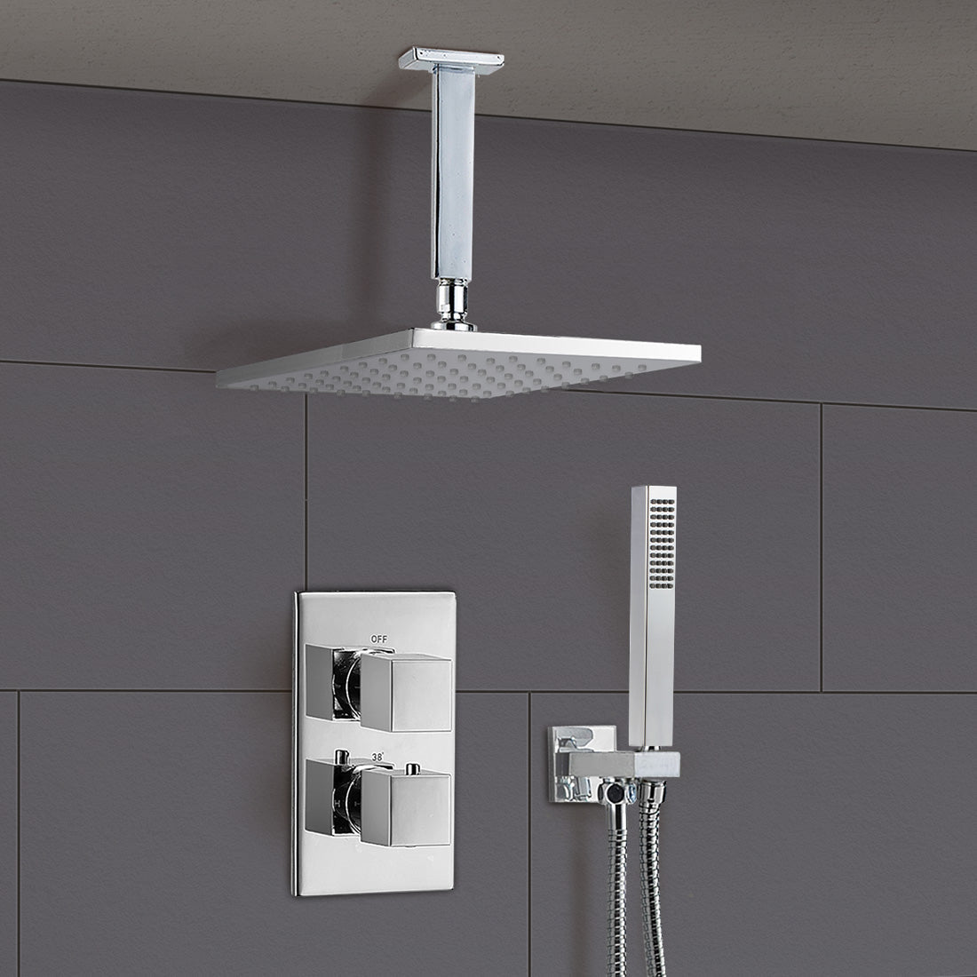 Temel 2 Dial 2 Way Square Concealed Thermostatic Mixer Valve Ceiling Hand Shower Set