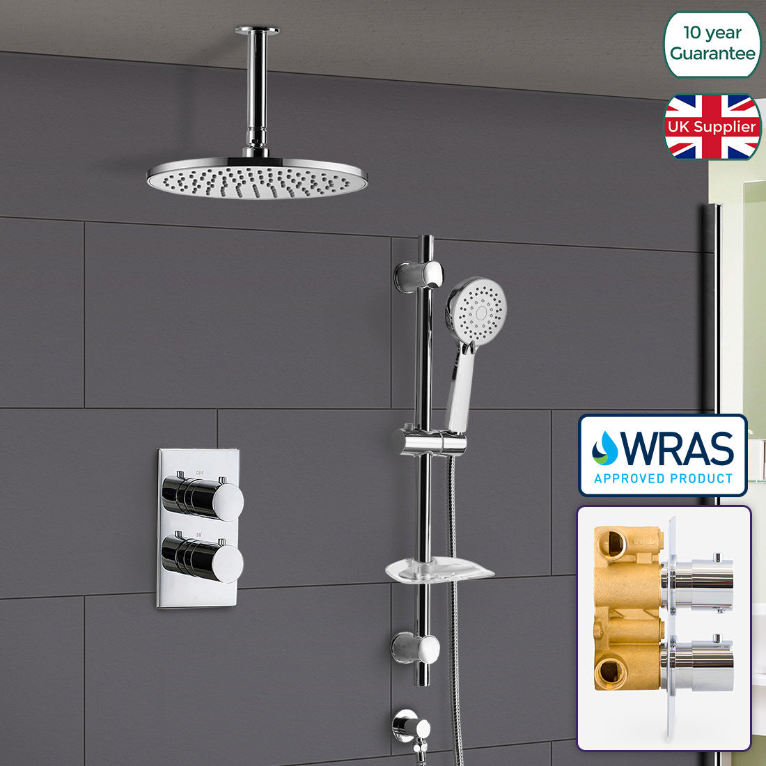 Violet Thermostatic 2 Dial 2 Way Round Set - Shower Head & Slider Rail Handset