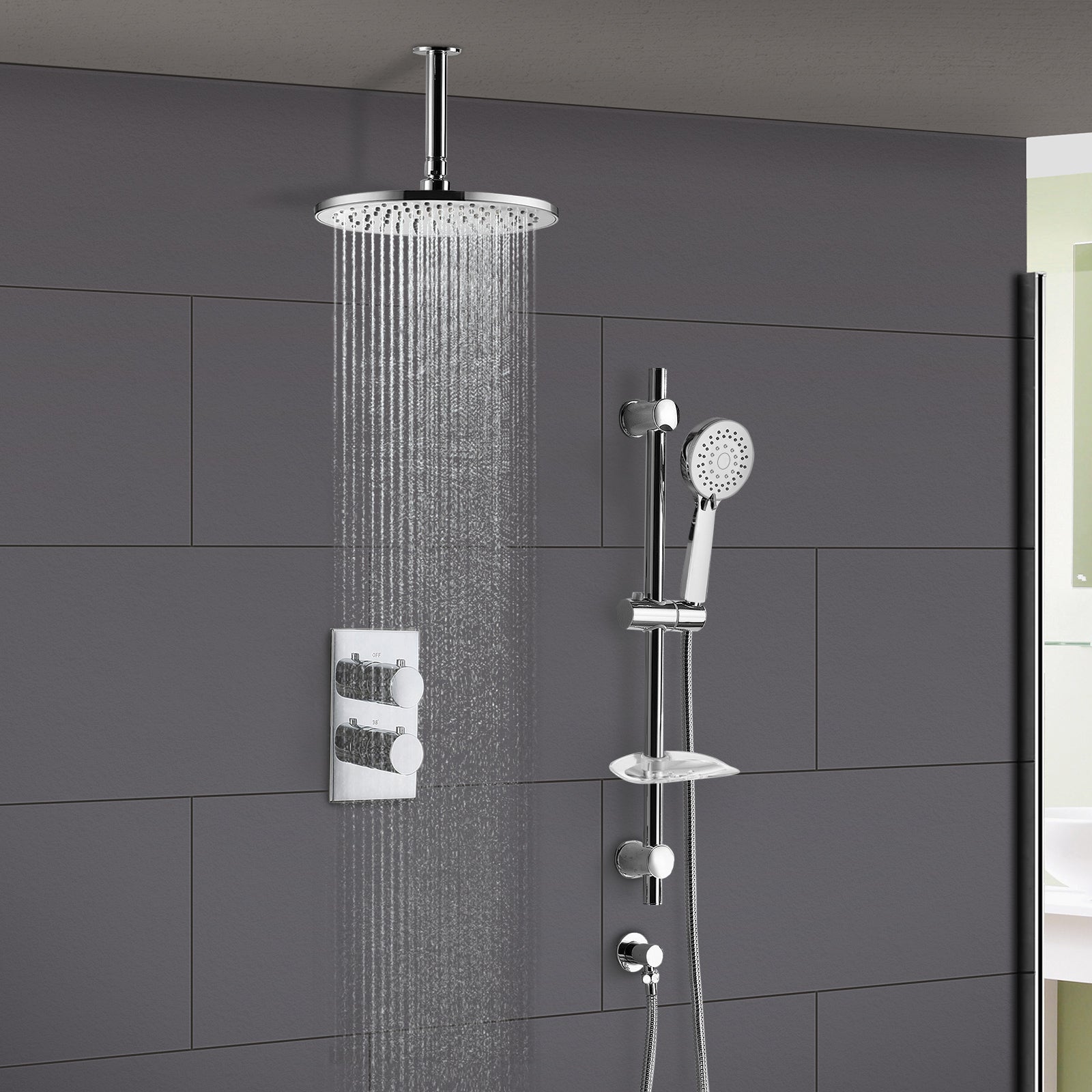 Violet Thermostatic 2 Dial 2 Way Round Set - Shower Head & Slider Rail Handset