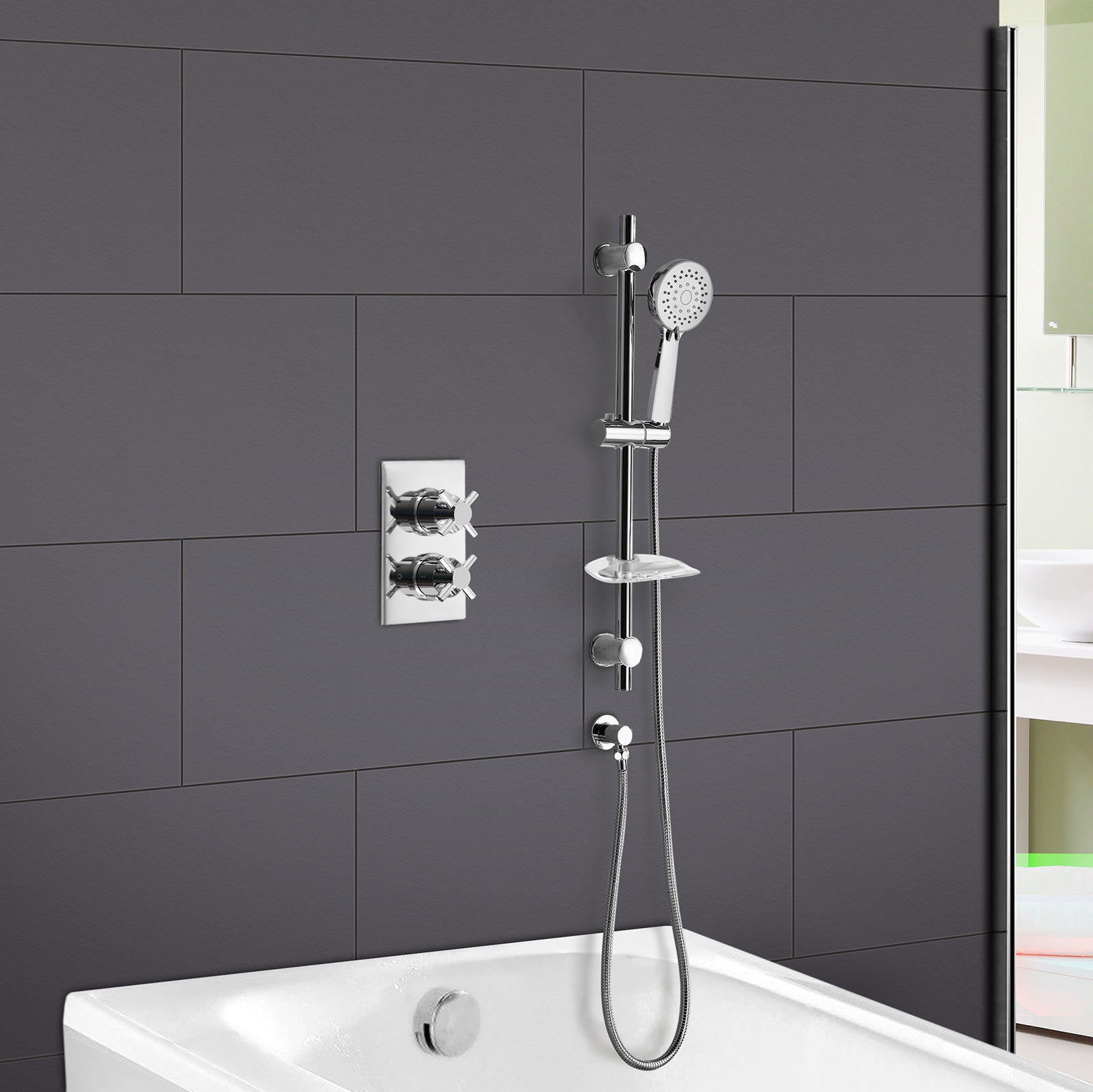 Lily 2 Dial 2 Way Round Concealed Thermostatic Mixer Valve, Slider Rail, Handset & Bath Filler Chrome