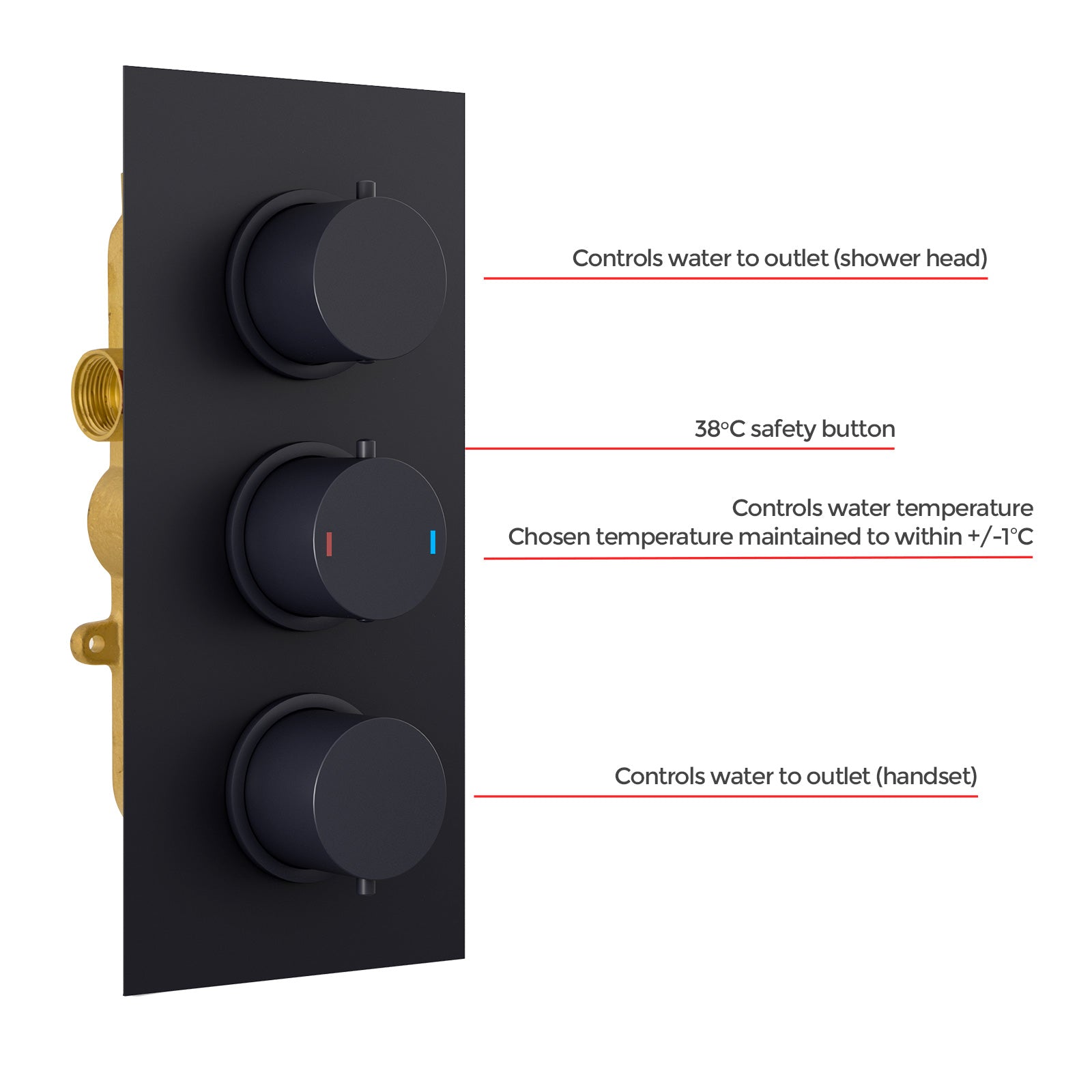 Temel 2 Way Matte Black Thermostatic Shower Mixer Valve With Handset, Head & Arm Set